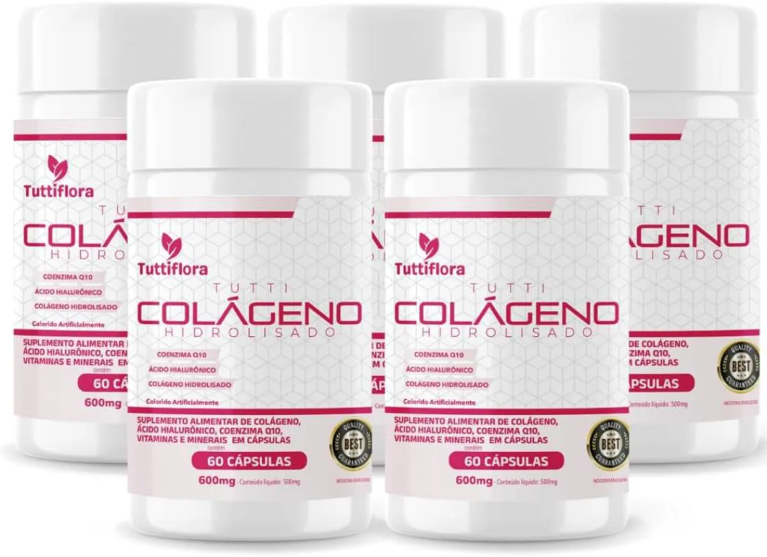 Kit com 05 - Colágeno Hidrolisado + Ácido Hialurônico + Q10 + Biotina + Vit 60 cápsulas 600mg Tuttiflora