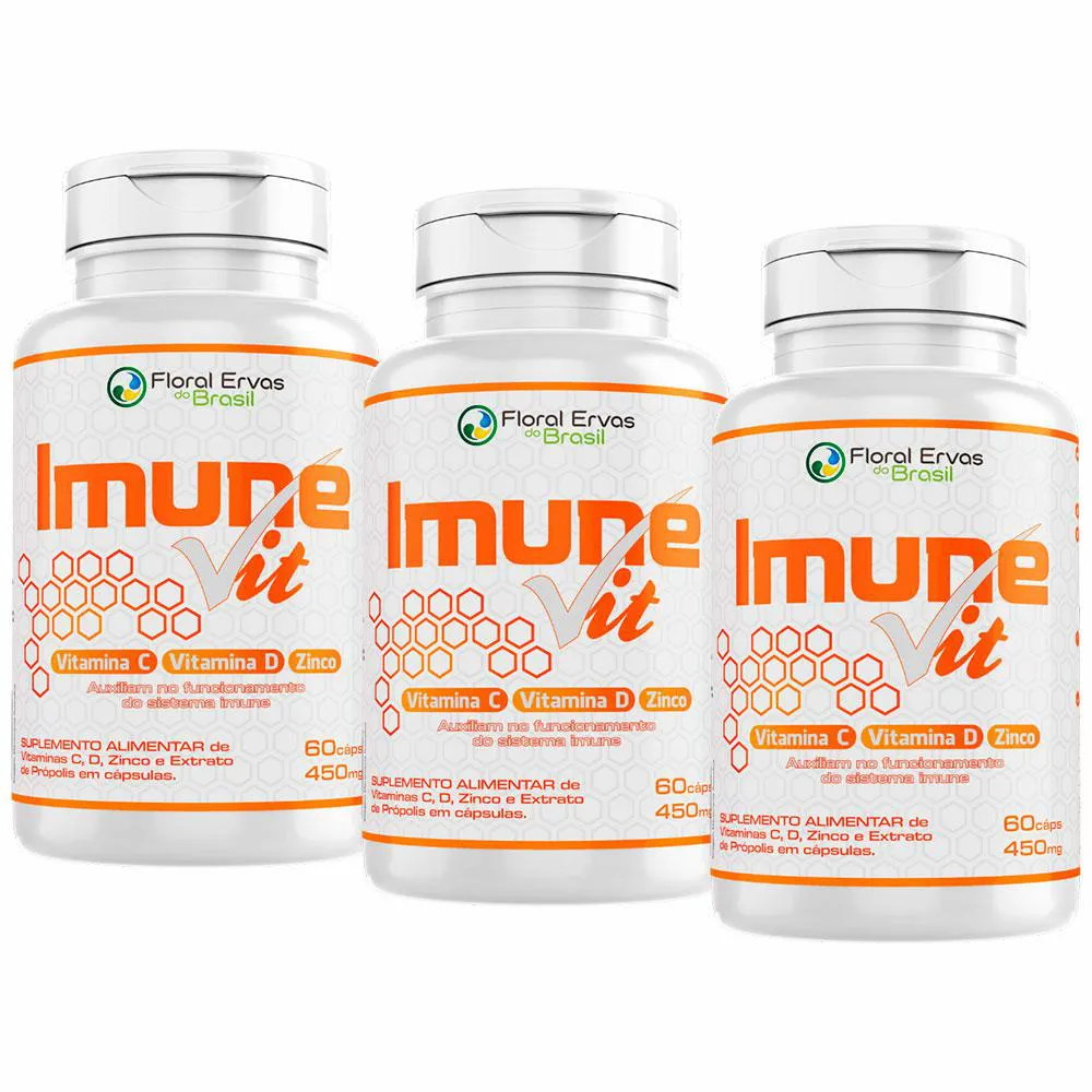Kit 3x Imune Vit - Vit C + Vit D + Zinco - (60 cápsulas Cada) - Floral Ervas do Brasil