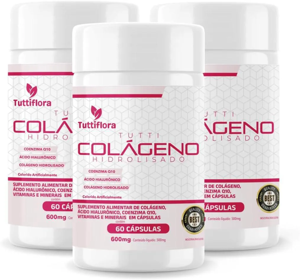 Kit com 03 - Colágeno Hidrolisado + Ácido Hialurônico + Q10 + Biotina + Vit 60 cápsulas 600mg Tuttiflora