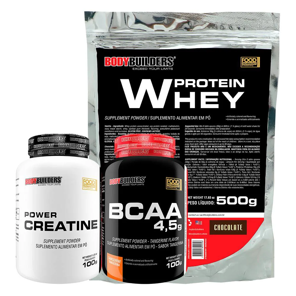 Kit BodyBuilders Whey Protein 500g Chocolate + BCAA Tangerina 100g + Creatina Power 100g