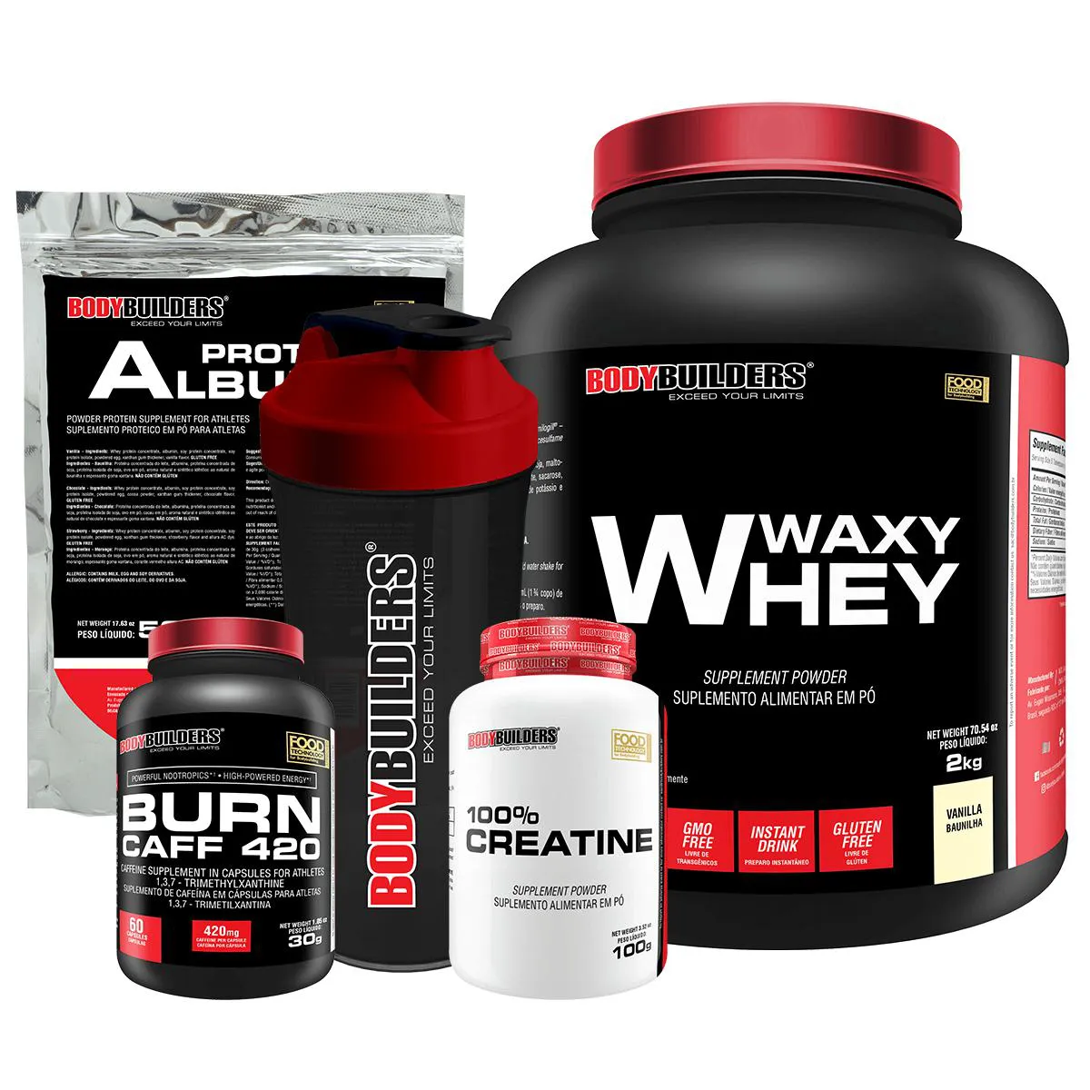 Kit Waxy Whey 2kg + Creatina 100% 100g + Burn Caff 60 cápsulas + Albumina 500g + Coqueteleira - Bodybuilders Baunilha