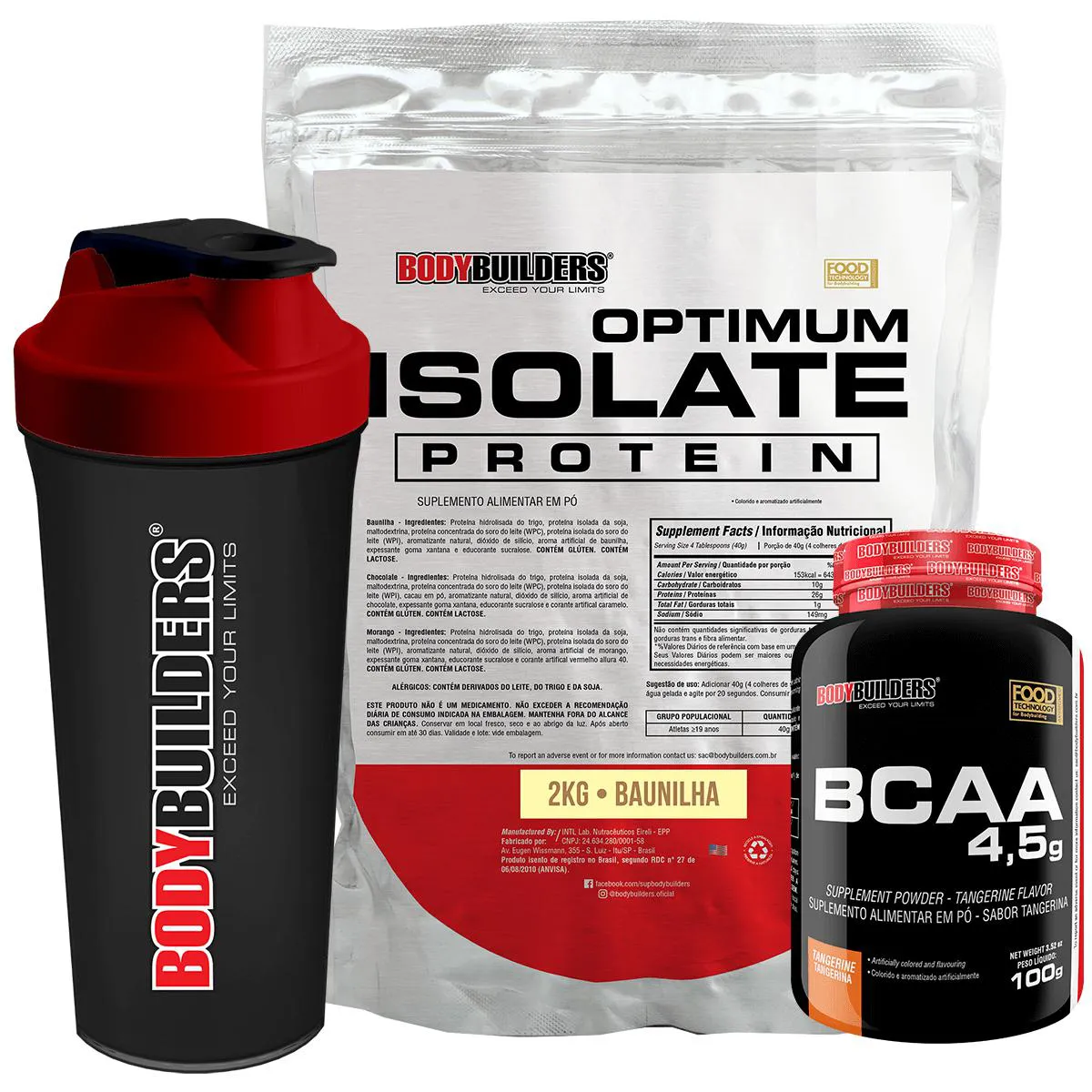 Kit Optimum Isolate Whey Protein 2kg + Bcaa 100g + Coqueteleira - Bodybuilders Baunilha