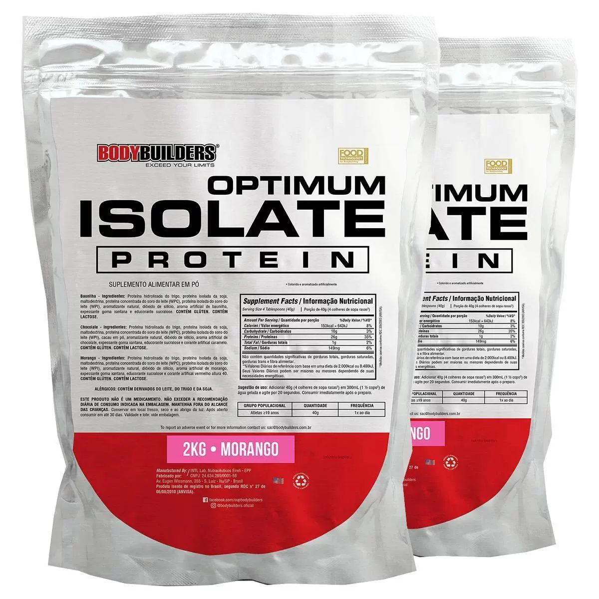 Kit 2x Whey Protein Optimum Isolate Refil 2kg - Kit para Ganho de Massa Muscular e Resistência - Bodybuilders Morango