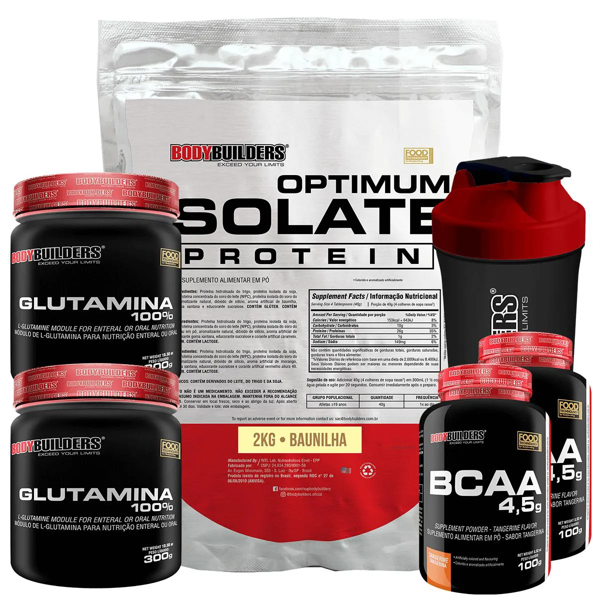 Kit Optimum Isolate Whey Protein 2kg + 2x Bcaa 100g + 2x Glutamina 300g + Coqueteleira - Bodybuilders Chocolate