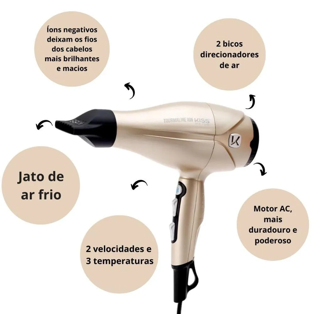 Secador Kiss New York Tourmaline Ion Dourado 2000w 220v Bdp06pbr
