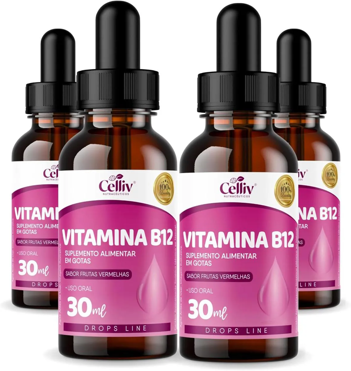 4x Vitamina B12 em Gotas Sabor Frutas Vermelhas 30ml Celliv