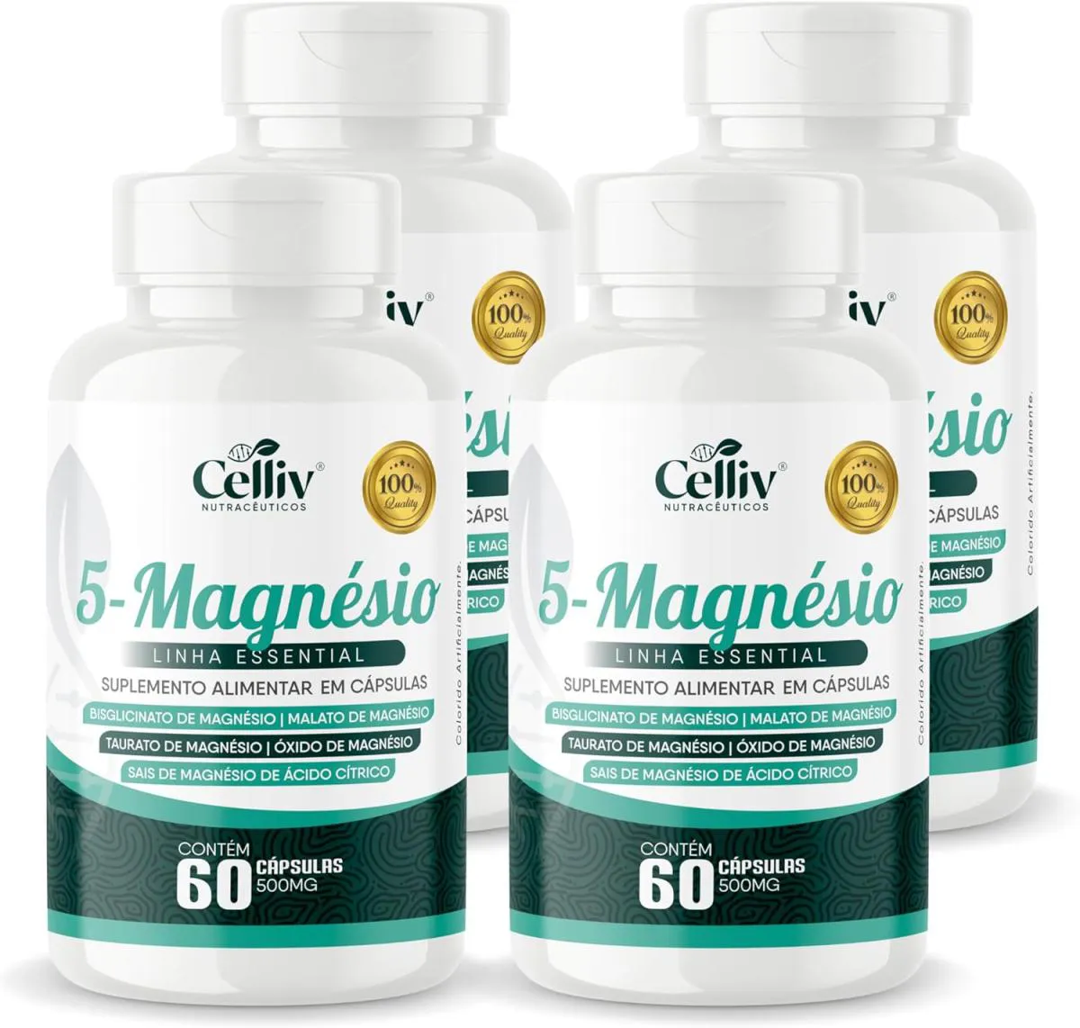 4X 5-MAGNéSIO (BISGLICINATO, MALATO, TAURATO, ÓXIDO E SAIS DE MAGNéSIO) 60 CAPS 500MG CELLIV