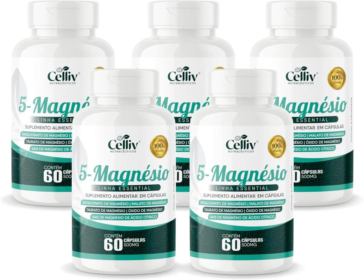 5X 5-MAGNéSIO (BISGLICINATO, MALATO, TAURATO, ÓXIDO E SAIS DE MAGNéSIO) 60 CAPS 500MG CELLIV