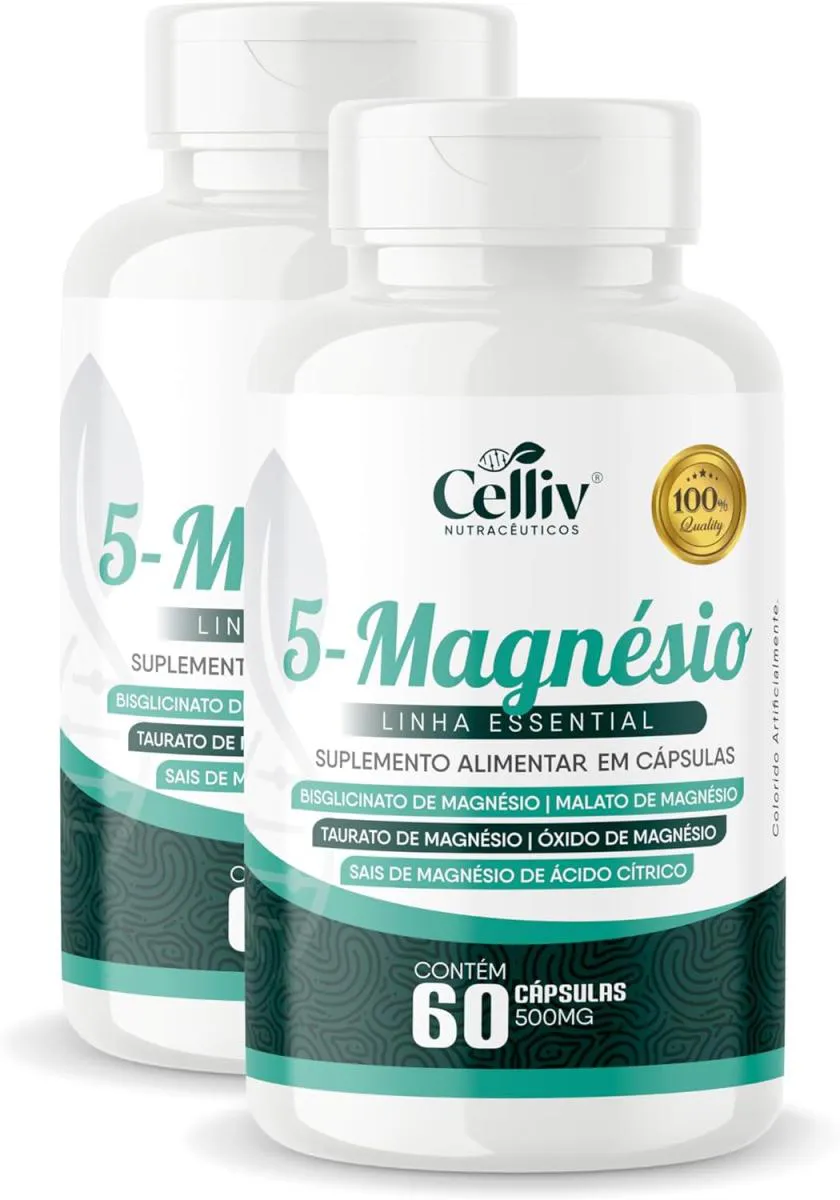 2X 5-MAGNéSIO (BISGLICINATO, MALATO, TAURATO, ÓXIDO E SAIS DE MAGNéSIO) 60 CAPS 500MG CELLIV