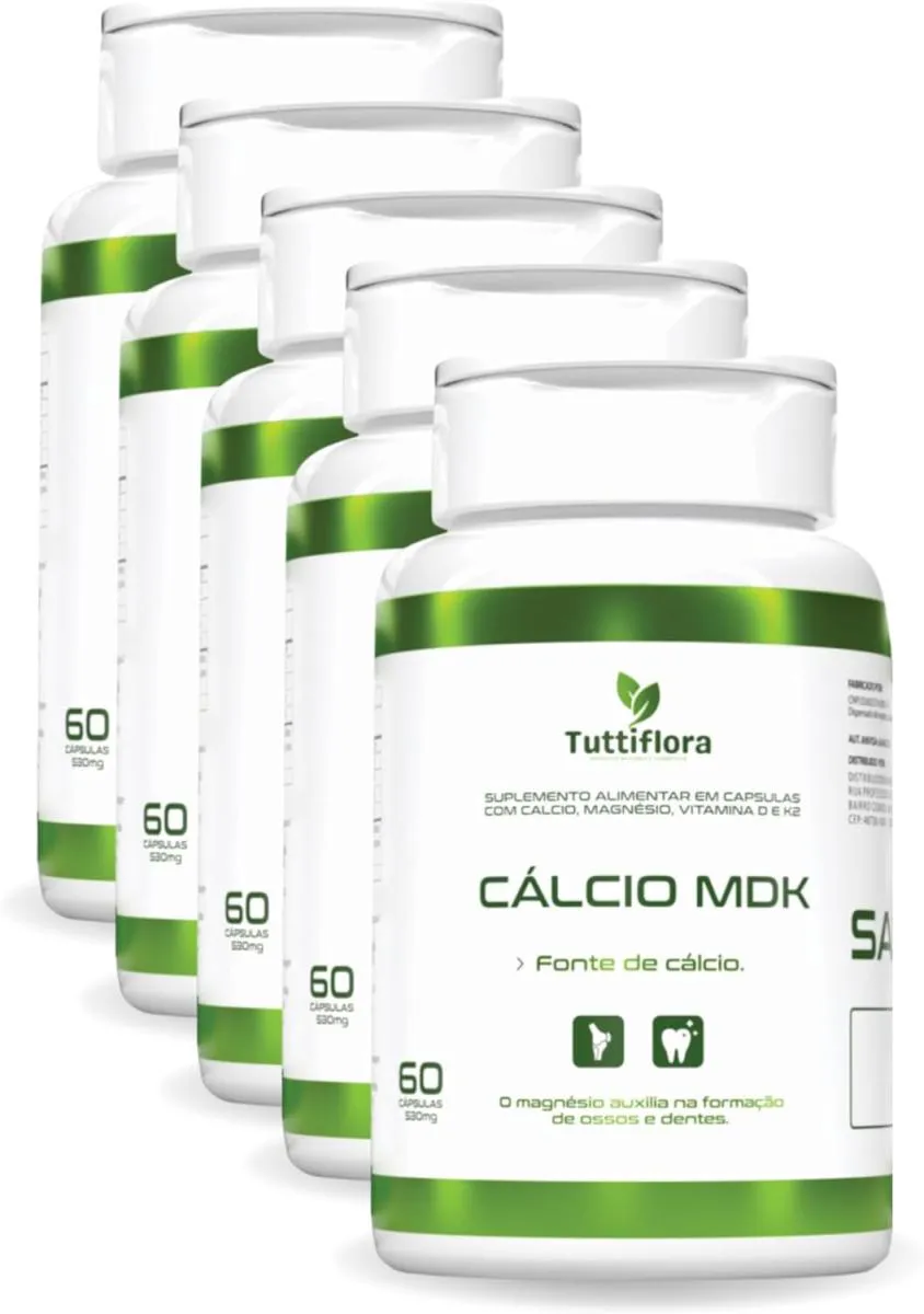 5x Cálcio Mdk (cálcio, Magnésio, Vitamina D e Vitamina K2) 60 Capsulas de 530mg Tuttiflora