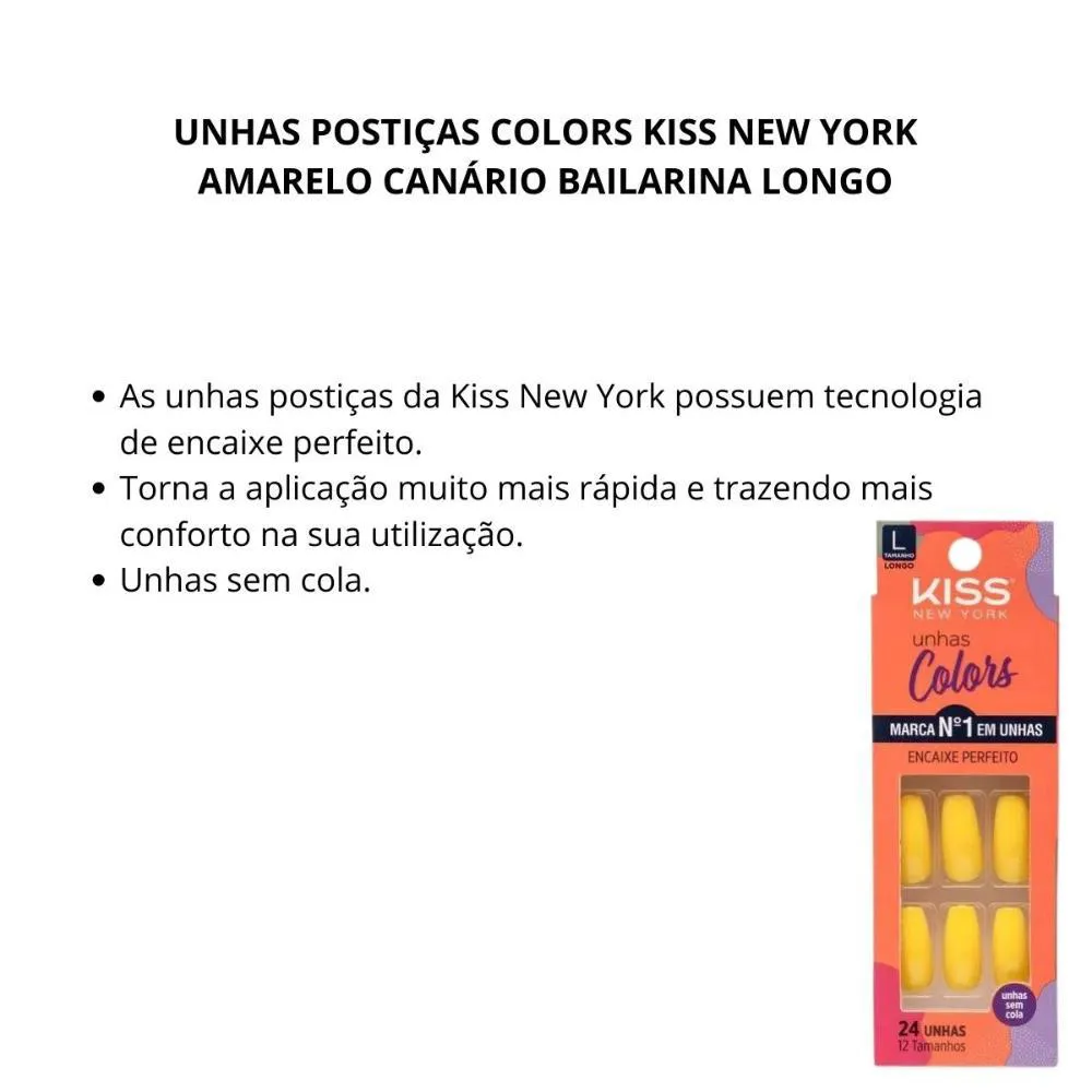 Unhas Postiças Colors Kiss New York Amarelo Canário Bailarina Longo