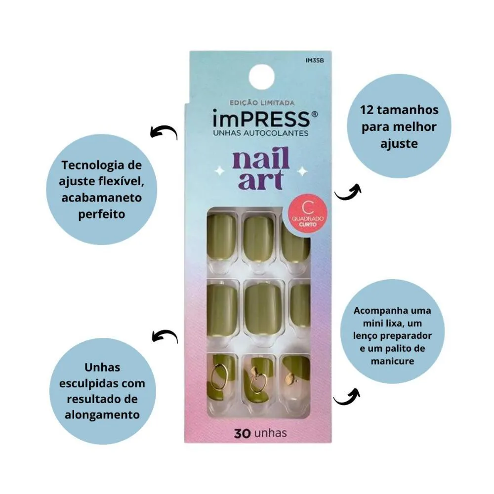 Unhas Autocolantes Kiss Impress Nail Art Before Sunrise Quadrado Curto C/30un Im35b