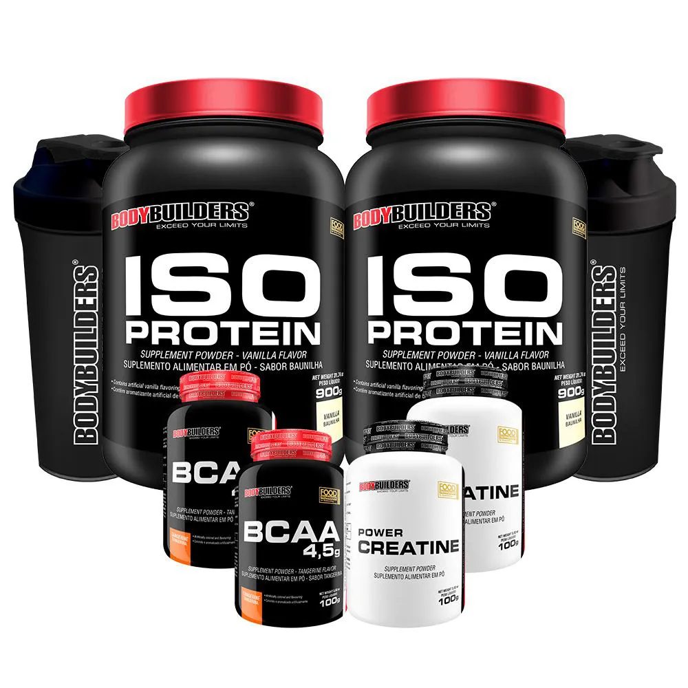 Kit 2x Iso Protein 900g + 2x Bcaa 4.5 100g + 2x Power Creatina 100g + 2x Coqueteleira - Bodybuilders Baunilha
