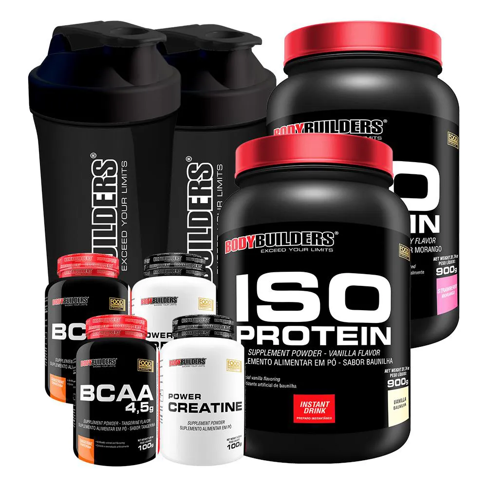 Kit 2x Iso Protein 900g + 2x Bcaa 4.5 100g + 2x Power Creatina 100g + 2x Coqueteleira - Bodybuilders Baunilha e Morango