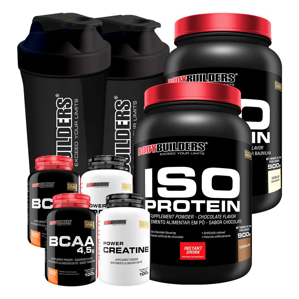 Kit 2x Iso Protein 900g + 2x Bcaa 4.5 100g + 2x Power Creatina 100g + 2x Coqueteleira - Bodybuilders Chocolate e Baunilha