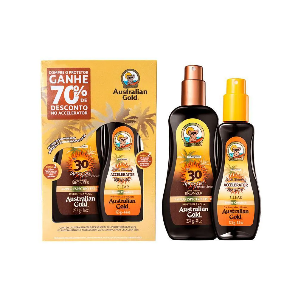 Kit Australian Gold Protetor Solar Corporal FPS 30 com 237ml + Bronzeador Dark Tanning Clear com 125ml