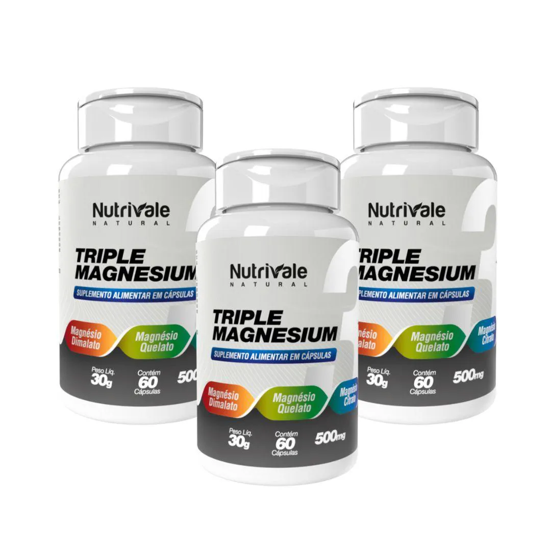 Kit 3x Triple Magnesio Quelato Dimalato Citrato 60 cápsulas Incolor sem Sabor