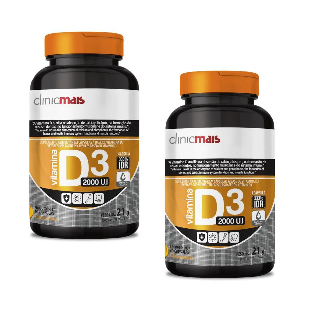 Kit 2x Vitamina D3 2000ui 30 cápsulas Clinicmais sem Sabor