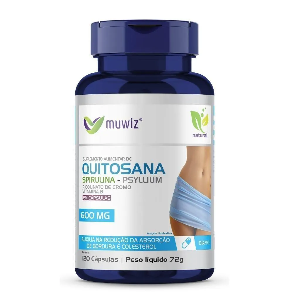 Quitosana, Spirulina, Psyllium, B1 e Cromo 120 cápsulas 600mg Muwiz