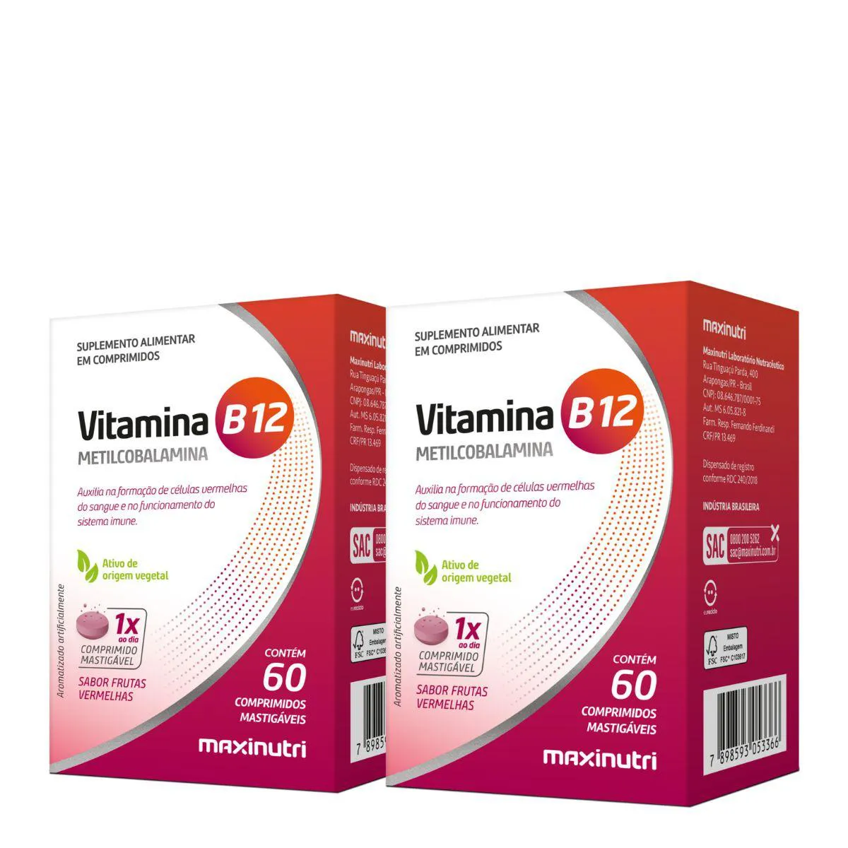 Kit 2 Und - Vitamina B12 Mastigaveis - 120 Gomas - Maxinutri