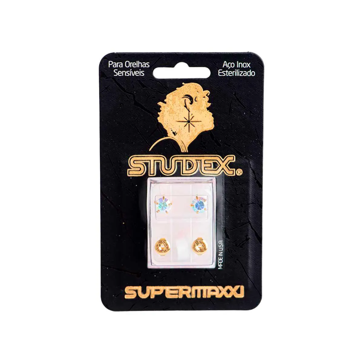 Brinco Studex Supermaxxi Dourado Pedra Cristal Espelhado com 1 par