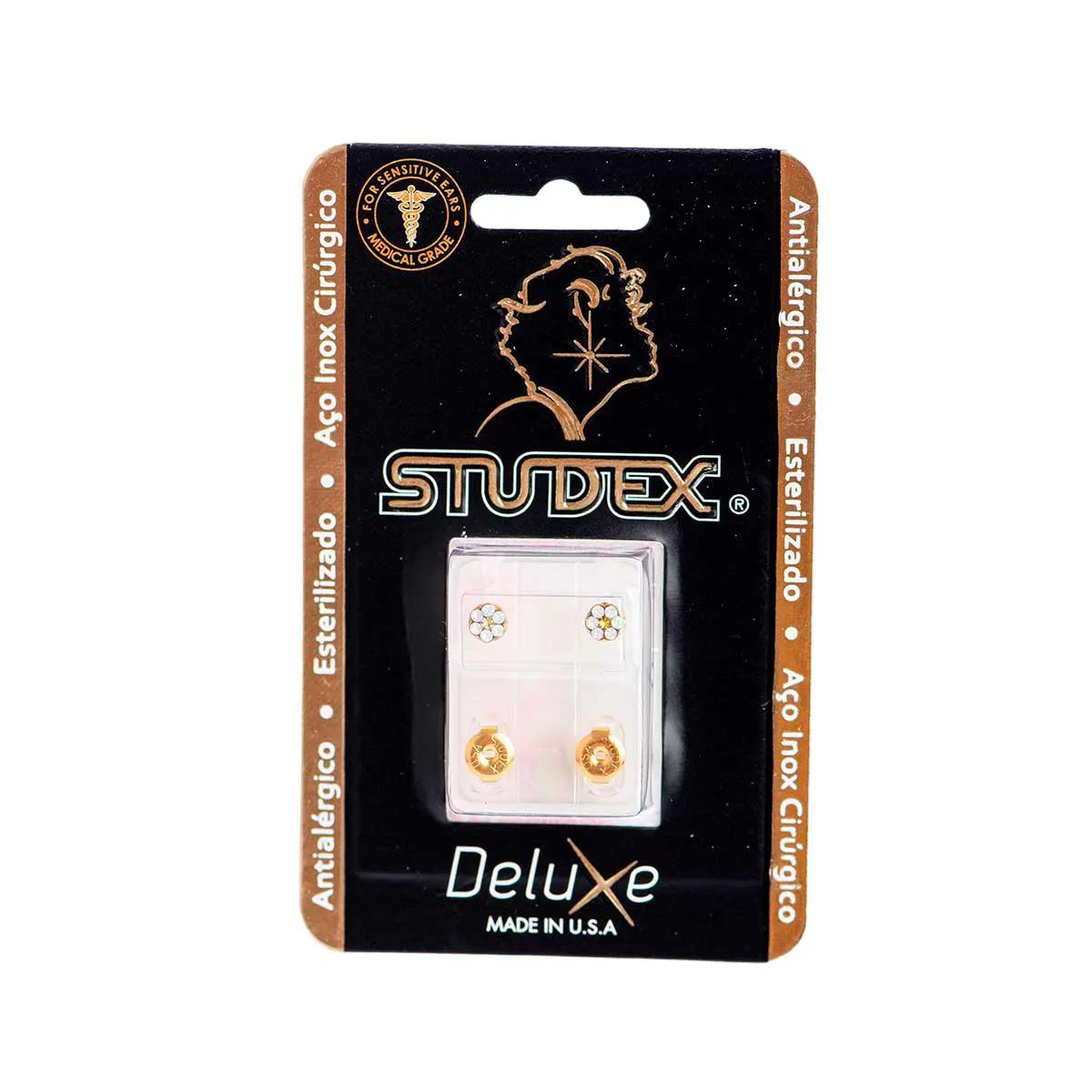 Brinco Antialérgico Studex Deluxe Daisy Dourado White Opal Sunflower com 1 par