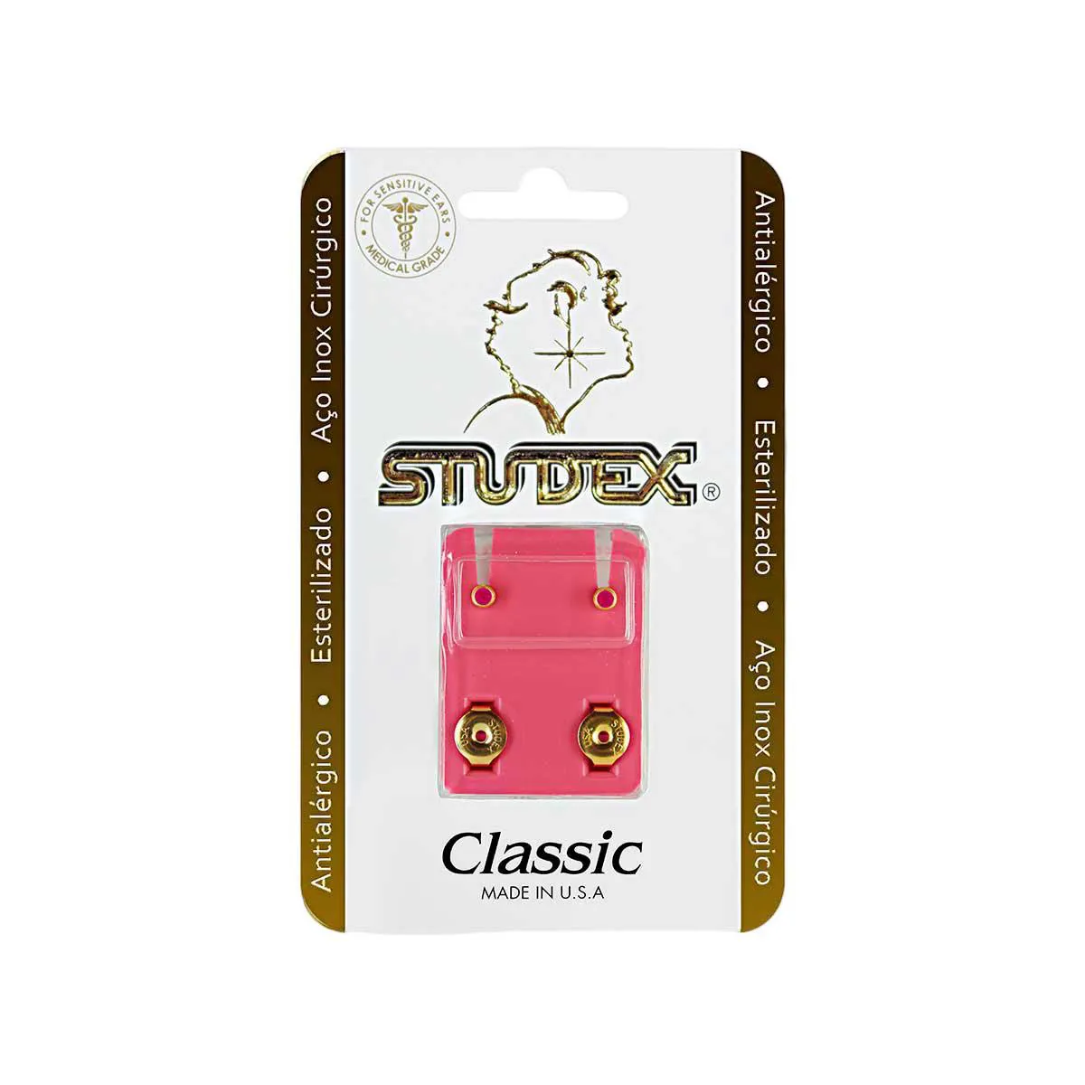 Brinco Antialérgico Studex Classic Rosa Pequeno Dourado - 1 Par