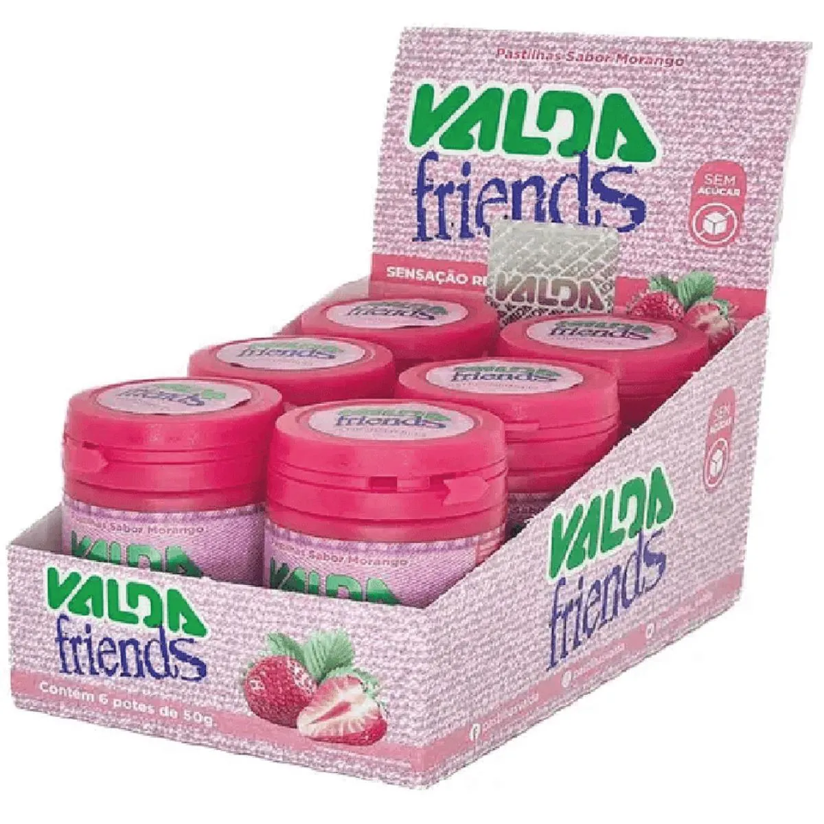 Valda Friends Pastilha de Mentol Sabor Morango sem Açúcar Caixa com 6 Potes de 50g