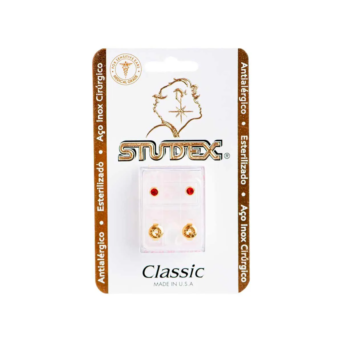 Brinco Antialérgico Studex Classic Bezel Médio Vermelho com Dourado 1 unidade