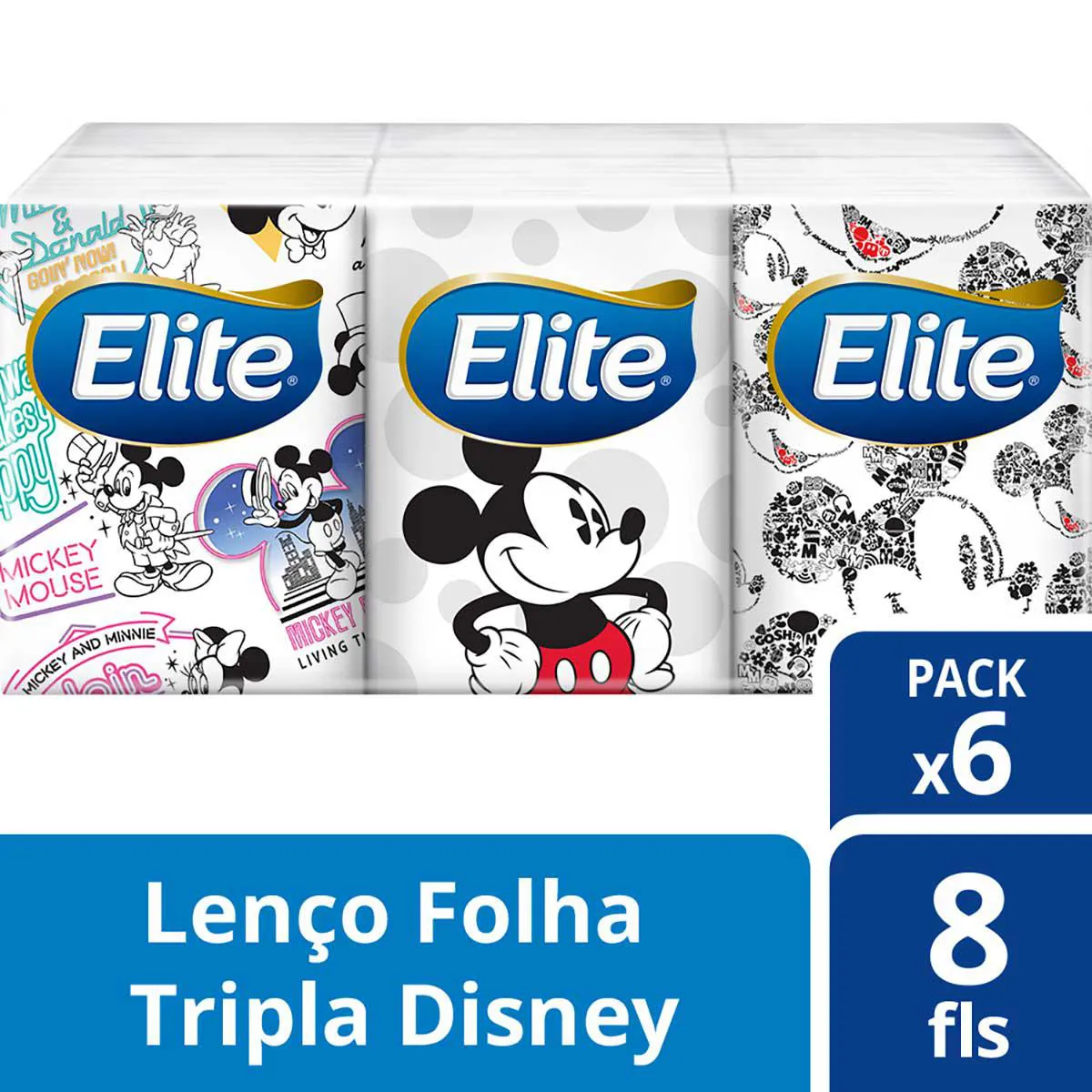 Kit Lenço de Bolso Elite Kids Folha Tripla Mickey 6 unidades