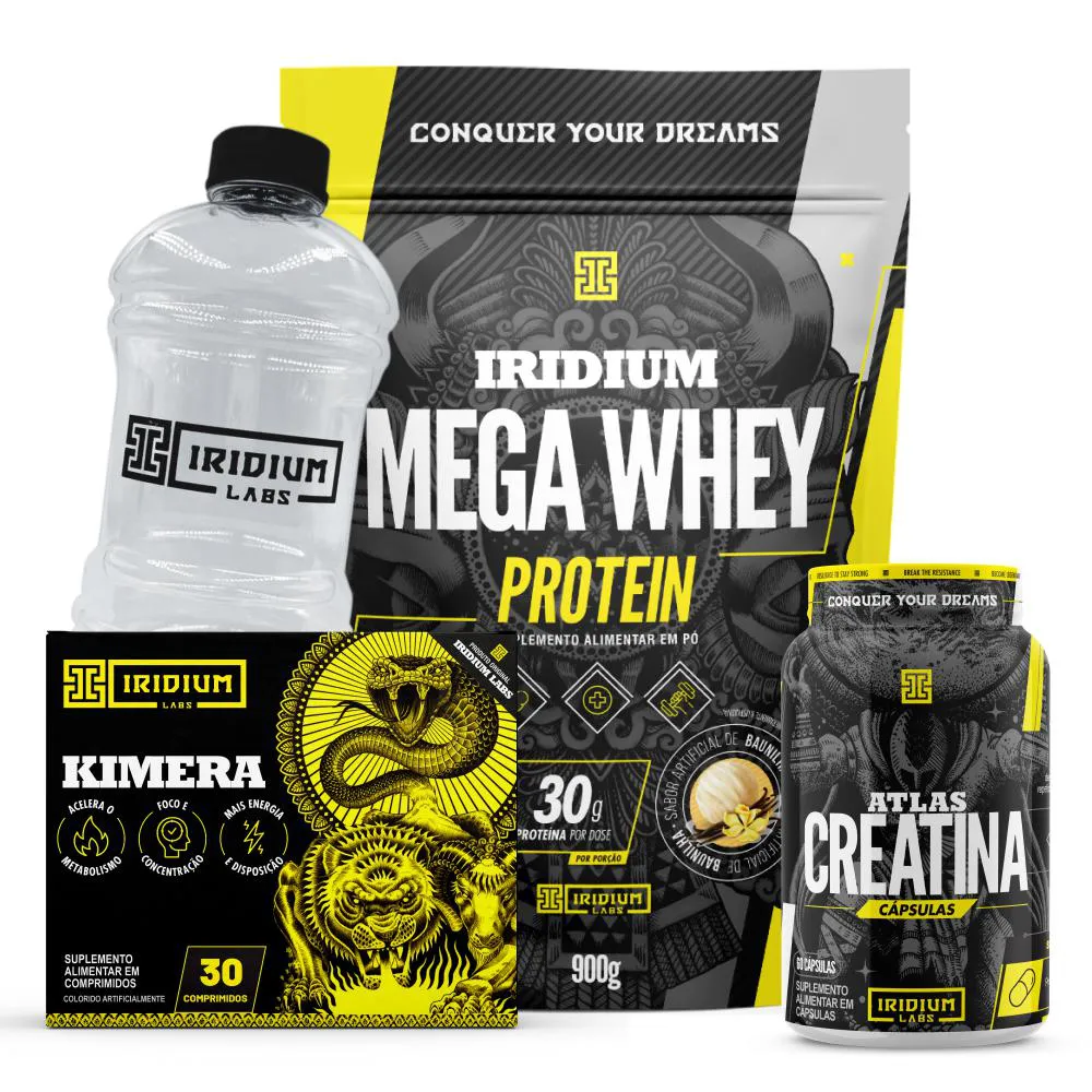 Mega Whey + Kimera Thermo 30 Comps + Atlas Creatina 60 Cápsulas + Galão Cristal 1l Baunilha