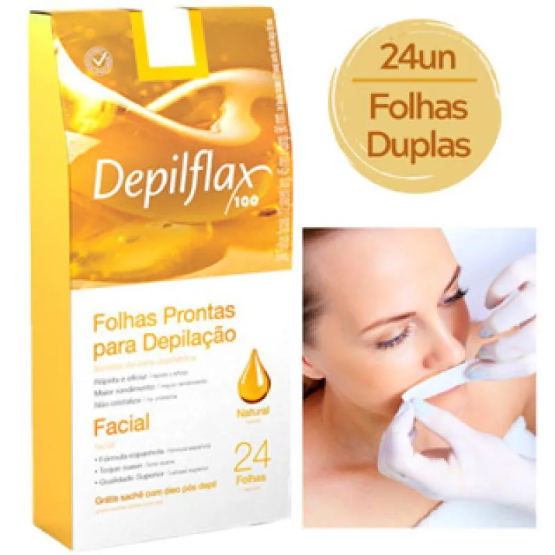 Folhas Prontas Depilatórias Buço e Face Naturais de Mel Depilflax 24 Folhas Duplas Depilação Profissional Pronta para Uso