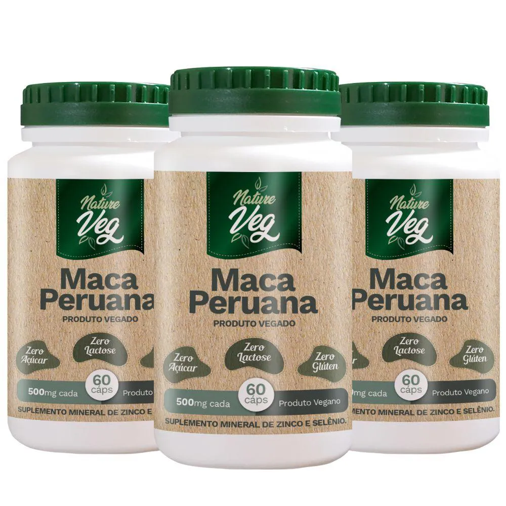 Kit 3 Maca Peruana + Selênio + Zinco (produto Vegano) 60 Cápsulas 500mg
