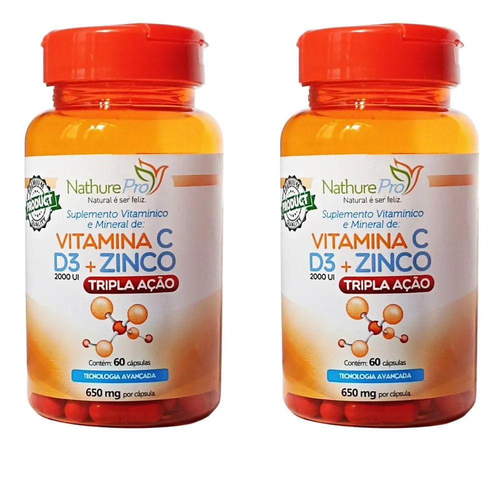 KIT 2 VITAMINA C + D3 + ZINCO (TRIPLA AçãO) 60 CáPSULAS 650MG