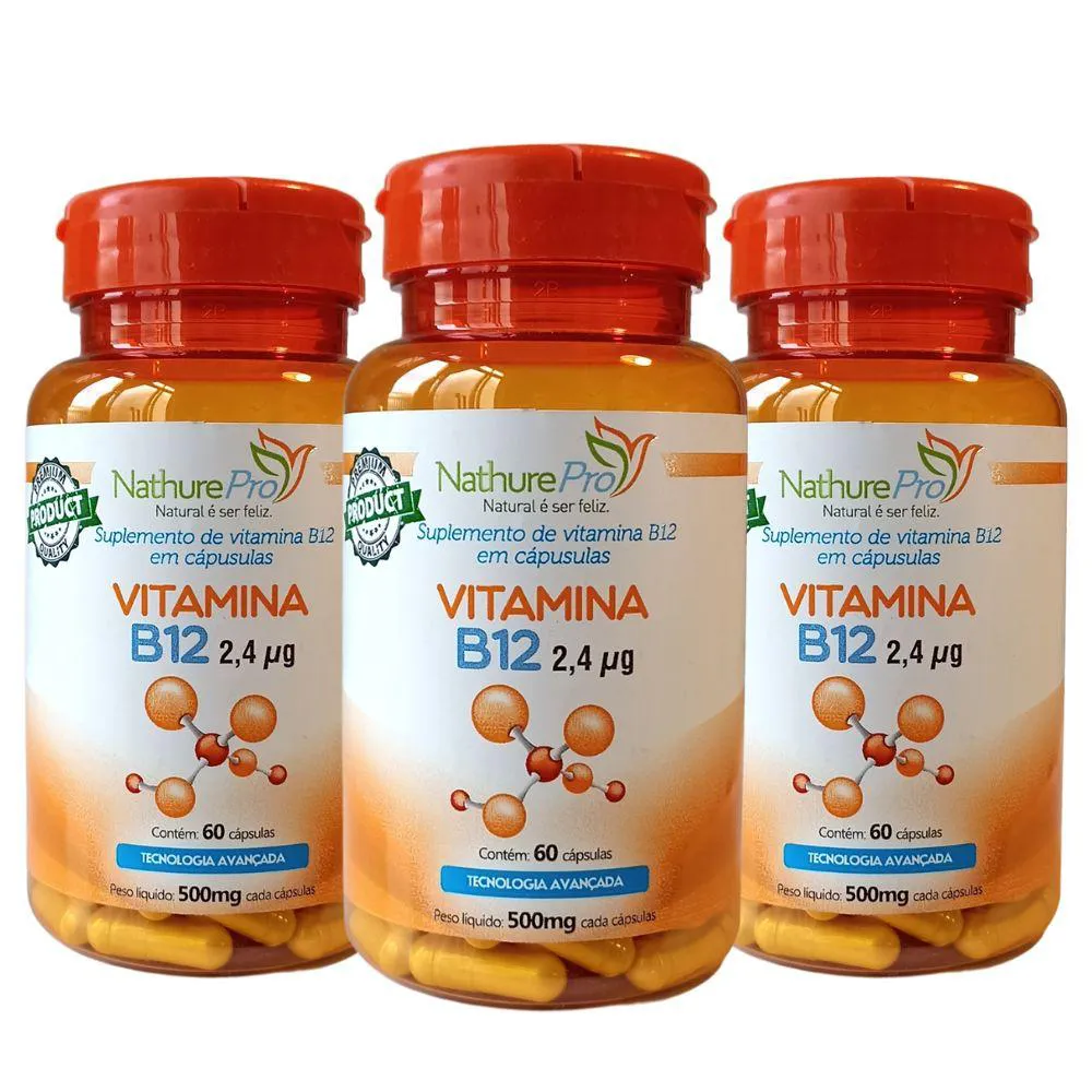 KIT 3 VITAMINA B12 (CIANOCOBALAMINA) 60 CáPSULAS 500MG