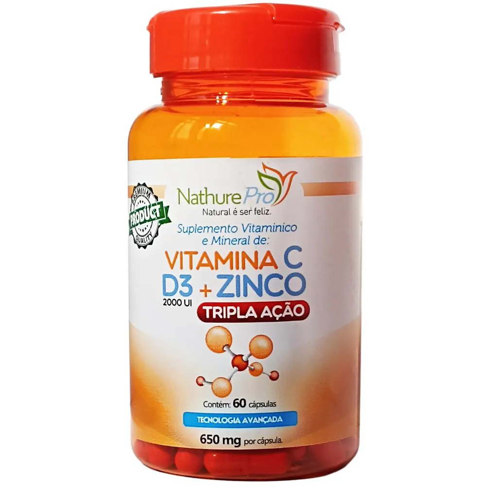 VITAMINA C + D3 + ZINCO (TRIPLA AçãO) 60 CáPSULAS 650MG