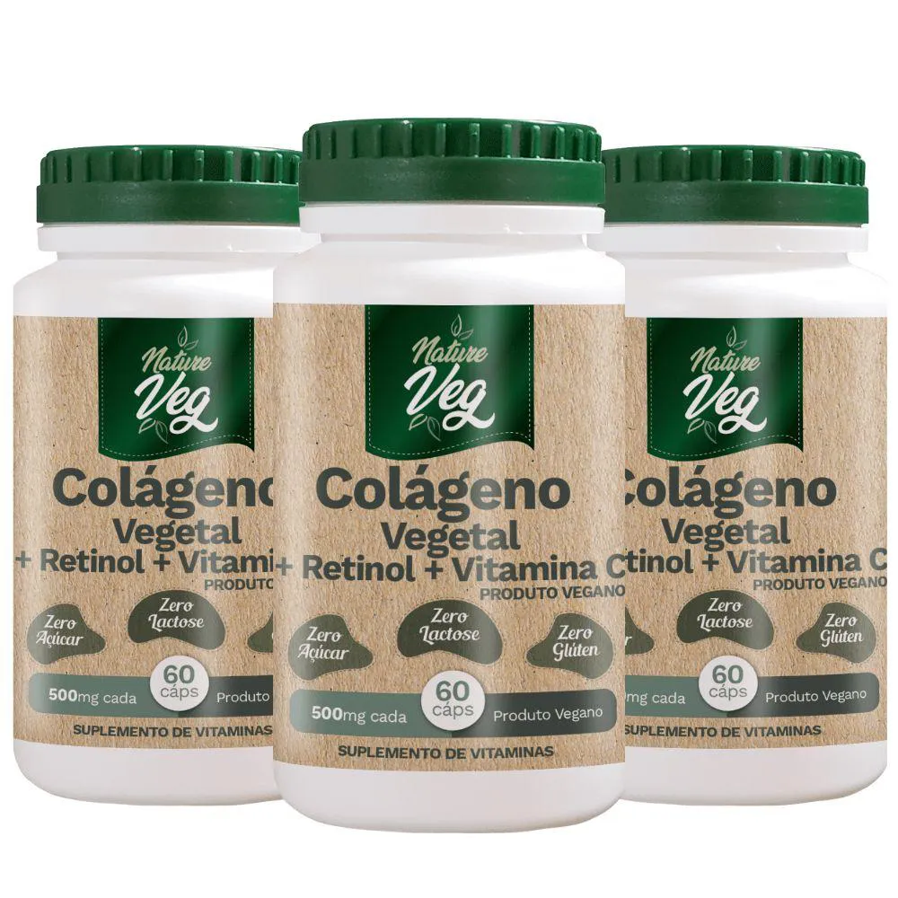 KIT 3 COLáGENO VEGETAL + RETINOL + VITAMINA C (PRODUTO VEGANO) 60 CáPSULAS 500MG