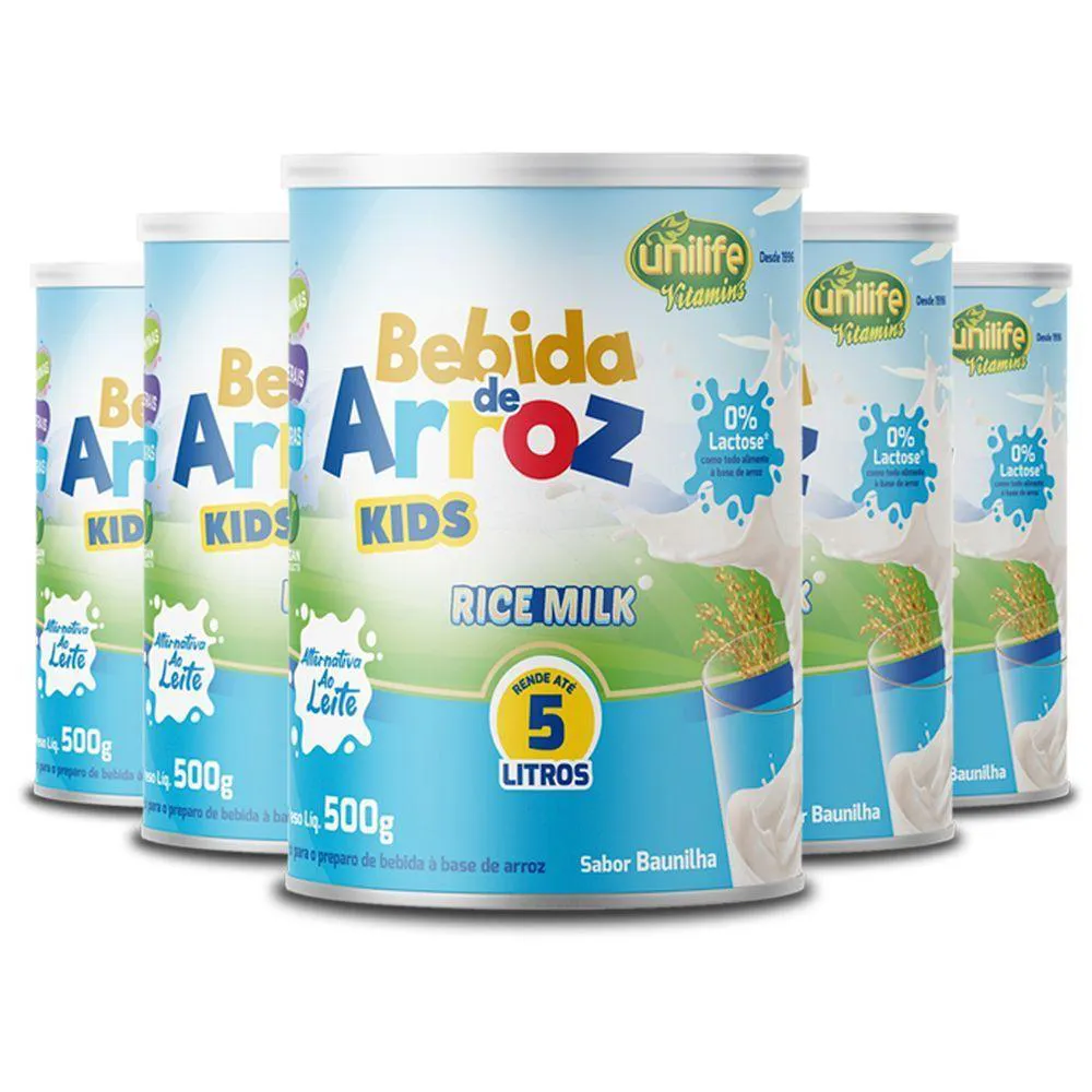 Kit 5 Bebida de Arroz Kids Unilife Sabor Baunilha 500g