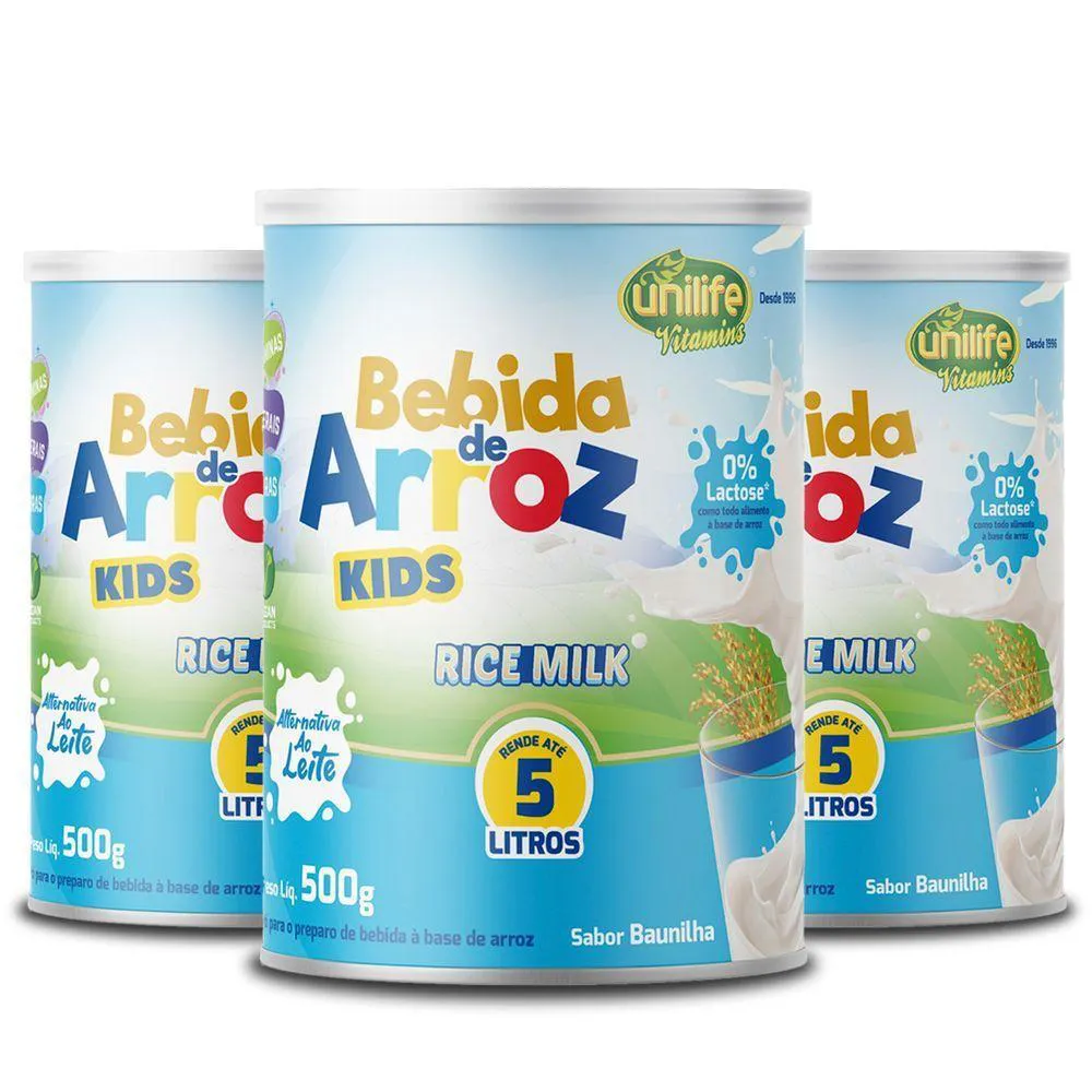 Kit 3 Bebida de Arroz Kids Unilife Sabor Baunilha 500g