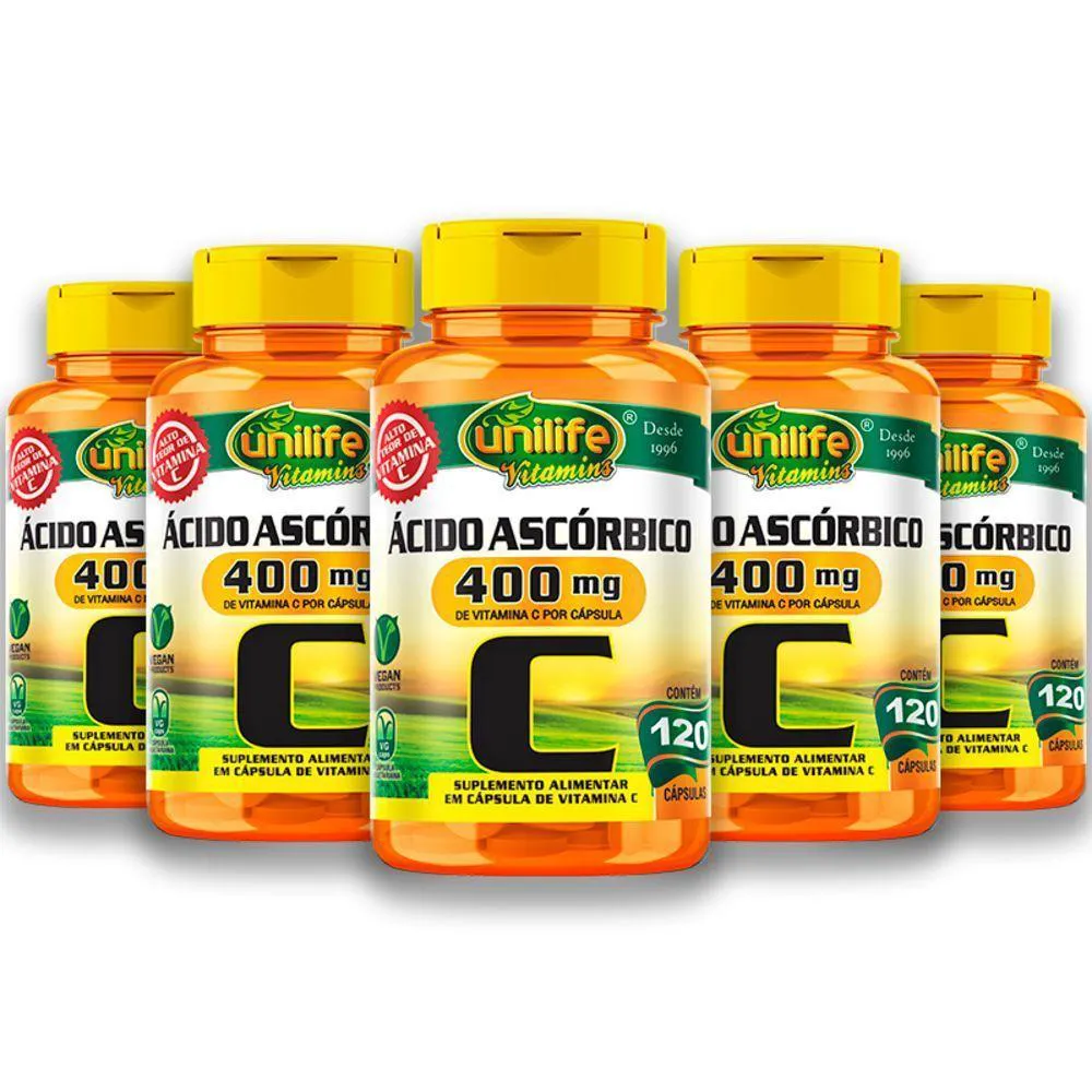 Kit 5 Vitamina C Ácido Ascórbico Unilife 120 Capsulas Veganas