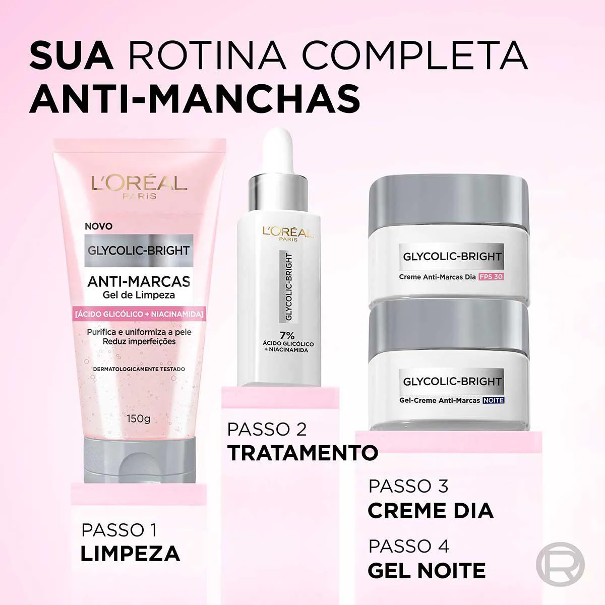 Kit L'Oréal Paris Glycolic-Bright Rotina Completa - Gel Limpeza + Sérum + Gel-Creme Noite