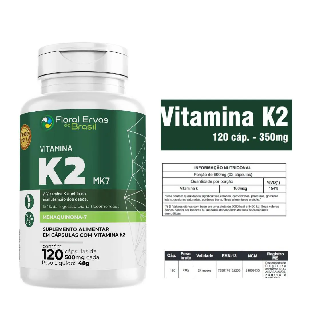 Vitamina K2 Mk7 - 120 cápsulas 500mg Menaquinona 7