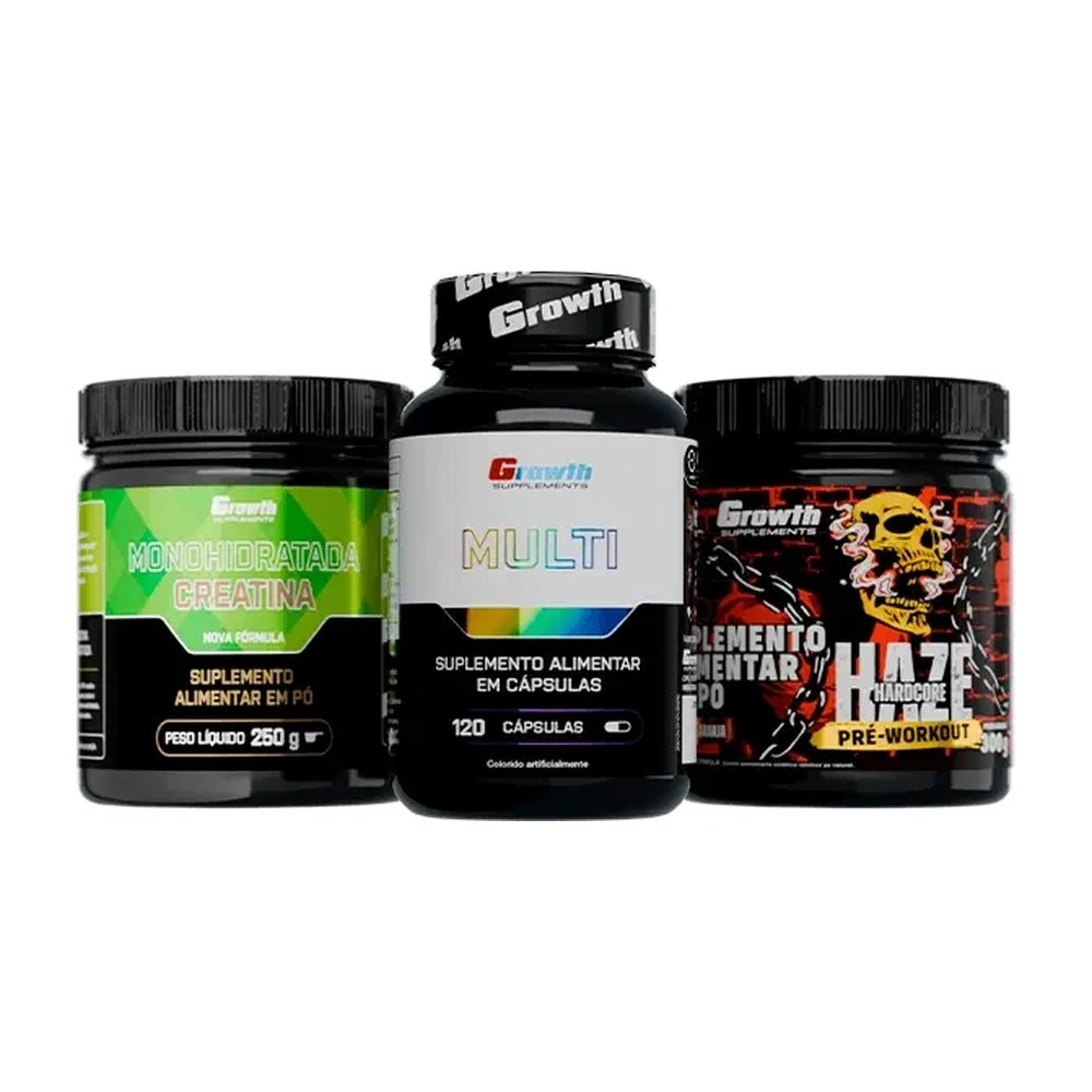 Kit Creatina Monohidratada 250g, Multivitamínico 120 caps e Pré-Treino Haze 300g